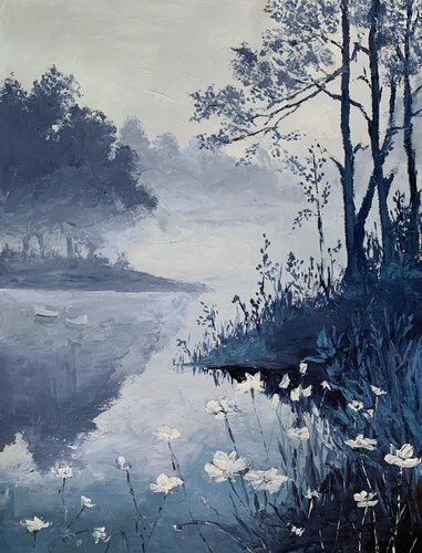 Foggy Misty Morning on a lake. von Vita Schagen, Malerei kaufen auf Singulart