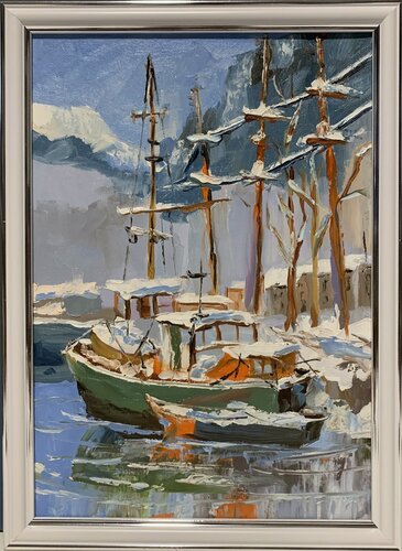 Winter Harbor with yachts. de Vita Schagen, Pintura a la venta en Singulart