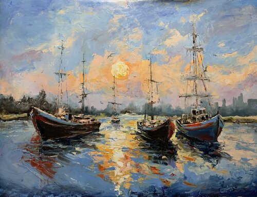 Yachts in Golden Sunset. by Vita Schagen, Painting for Sale on Singulart
