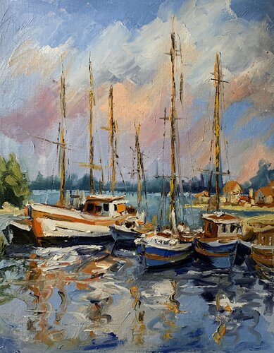Sunset in harbor with yachts. by Vita Schagen, Painting for Sale on Singulart