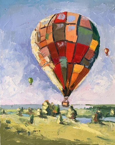 Landscape with an air balloon. par Vita Schagen, Peinture en vente sur Singulart