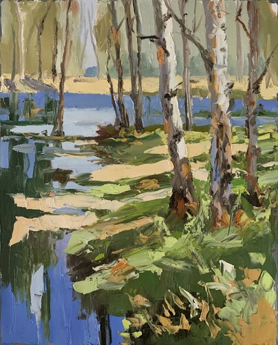 Birch forest by a river. von Vita Schagen, Malerei kaufen auf Singulart