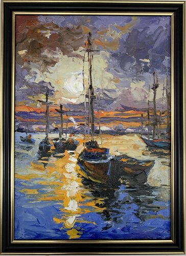 Golden Sunset Hour Harbor with yachts. de Vita Schagen, Pintura a la venta en Singulart