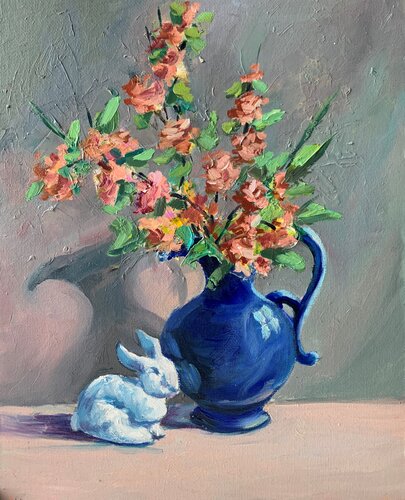 Blue vase with flowers and pocelin rabbit. by Vita Schagen, Painting for Sale on Singulart