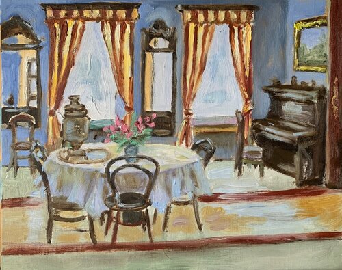 Vintage Living Room interior with a piano. by Vita Schagen, 油畫 for Sale on Singulart