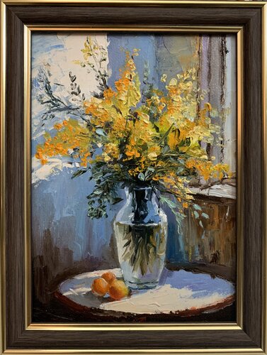 Bouquet of mimosa in a transparent vase by the window. xs von Vita Schagen, Malerei kaufen auf Singulart