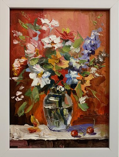 Bouquet of White flowers in a blue vase on red. Still life. van Vita Schagen, Schilderij te koop op Singulart