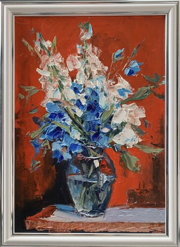 Bouquet of White flowers and bluebells in a blue vase on red. Still life. de Vita Schagen, Pintura a la venta en Singulart