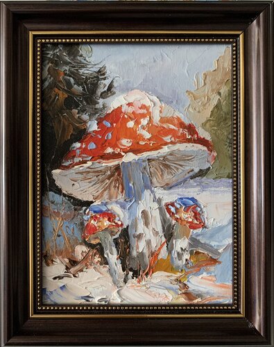 Fly agarics in winter forest.#10. Landscape with mushrooms. par Vita Schagen, Peinture en vente sur Singulart
