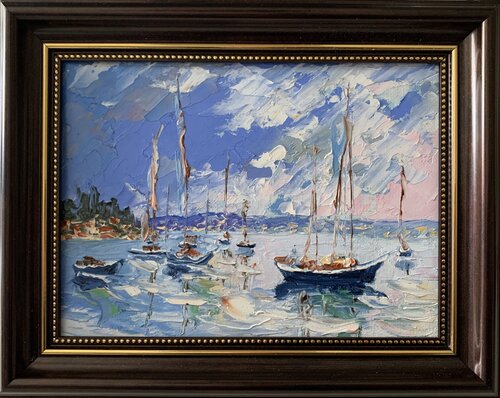 Sailboats at Sunset. Yachts. van Vita Schagen, Schilderij te koop op Singulart