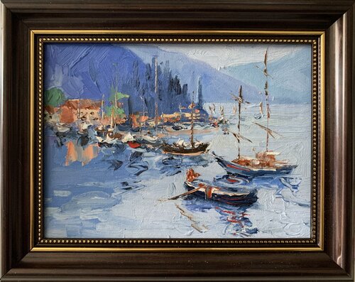 Harbor Reflections. Yachts and sailing boats. van Vita Schagen, Schilderij te koop op Singulart