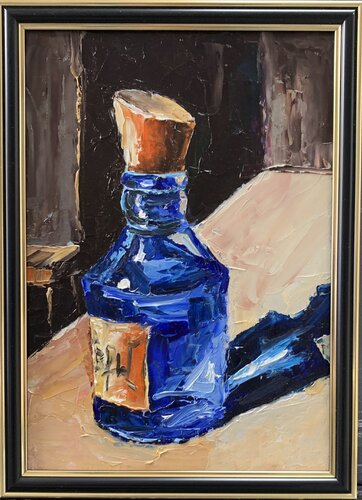 Mystery blue bottle. still life. von Vita Schagen, Malerei kaufen auf Singulart