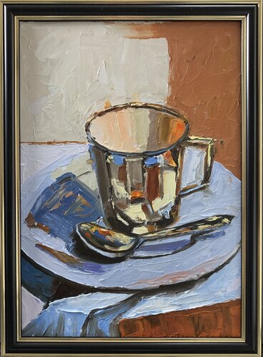 Gold coffee tea cup. Still life. von Vita Schagen, Malerei kaufen auf Singulart