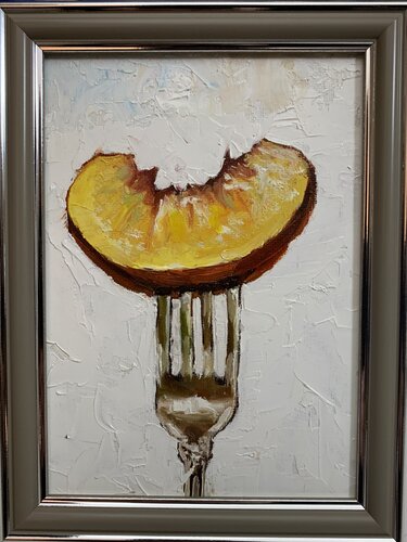 Summer's Bite, juicy peach. Still life. by Vita Schagen, 油畫 for Sale on Singulart