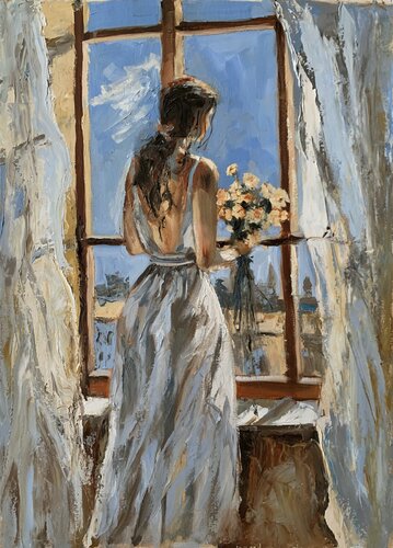 Woman with flowers by the window. van Vita Schagen, Schilderij te koop op Singulart