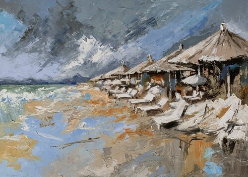 Grey Beach Day. Parasols. von Vita Schagen, Malerei kaufen auf Singulart