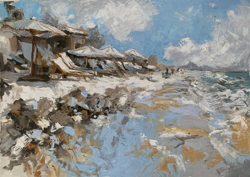 Grey Beach Day. Parasols. #2 di Vita Schagen, Pittura in vendita su Singulart