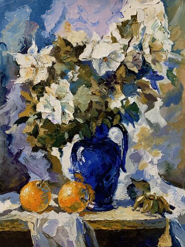 Floral Echoes in a cobalt vase. di Vita Schagen, Pittura in vendita su Singulart