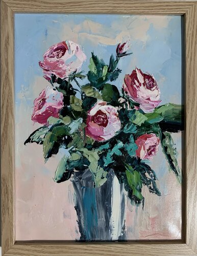 Roses. Peony. Garden flowers. Original impasto, palette knife oil painting. de Vita Schagen, Pintura a la venta en Singulart
