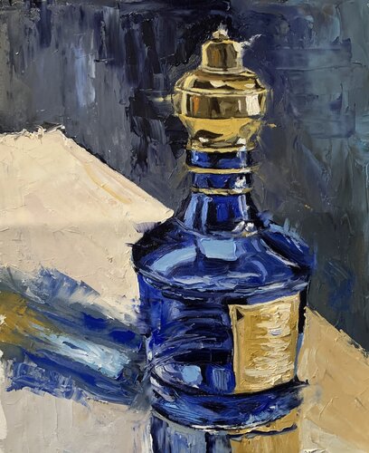 Mystery blue bottle. still life. van Vita Schagen, Schilderij te koop op Singulart