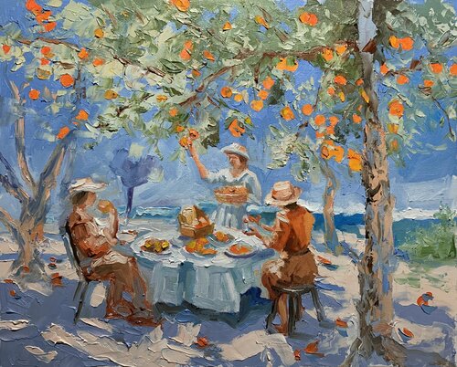 Picnic by the tangerine trees. by Vita Schagen, Painting for Sale on Singulart