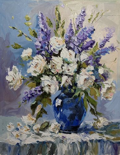 Summer bouquet in cobalt vase. von Vita Schagen, Malerei kaufen auf Singulart
