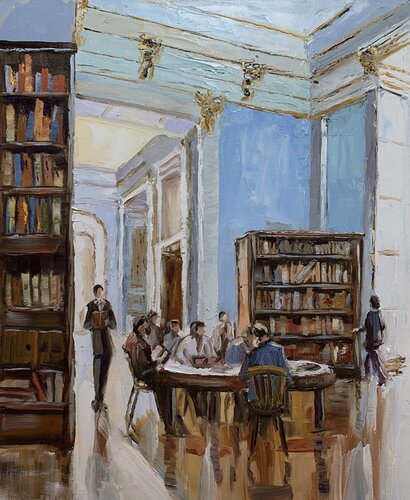 Public library, interior with books. by Vita Schagen, Painting for Sale on Singulart