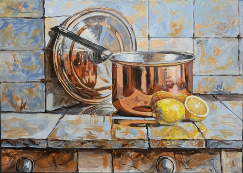 Simp;e joy.  Copper Pot with lemons, still life. von Vita Schagen, Malerei kaufen auf Singulart