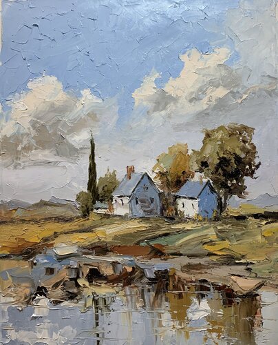 Homes Beneath the Clouds. Pastoral. by Vita Schagen, Painting for Sale on Singulart
