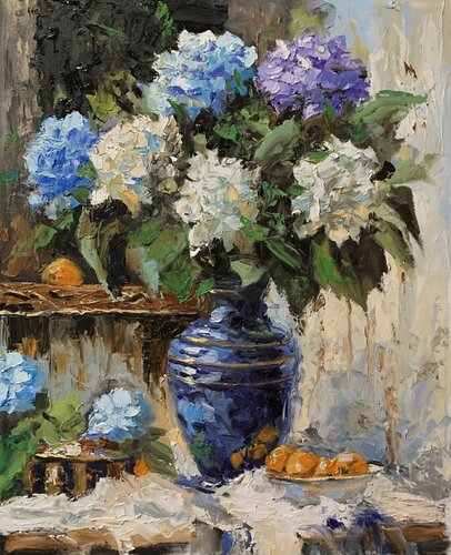 Hydrangea Harvest, bouquet in acobalt vase. by Vita Schagen, 회화 for Sale on Singulart