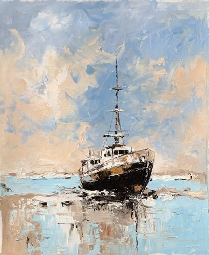 Waiting for the Tide. The Old Trawler, ship. von Vita Schagen, Malerei kaufen auf Singulart