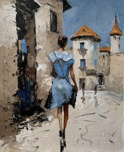 Lady in Blue. Old Town Stroll. Woman, walking away, city life. by Vita Schagen, Painting for Sale on Singulart