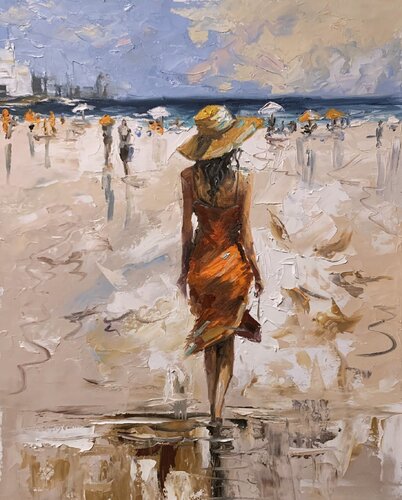 Coastal Summer vibes, woman on the beach. de Vita Schagen, Pintura a la venta en Singulart