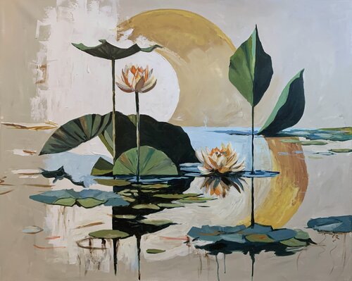 Golden Pond. Semi Abstract Water Lilies. by Vita Schagen, Painting for Sale on Singulart
