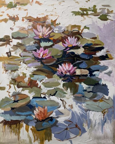 Summer Pond. Pink Water Lilies. de Vita Schagen, Pintura a la venta en Singulart