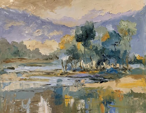 Quiet Riverbank. Green Landscape. par Vita Schagen, Peinture en vente sur Singulart