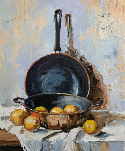 Reflections of Copper and Lemons, still life. di Vita Schagen, Pittura in vendita su Singulart