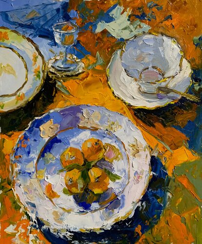 Orange still life with tangerines. par Vita Schagen, Peinture en vente sur Singulart