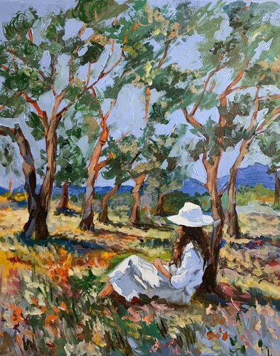 Woman Reading in a Sunlit Grove. van Vita Schagen, Schilderij te koop op Singulart