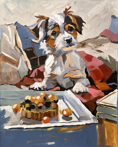 Puppy dog with Birthday Cake. von Vita Schagen, Malerei kaufen auf Singulart