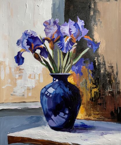 Purple Iris Still Life par Vita Schagen, Peinture en vente sur Singulart