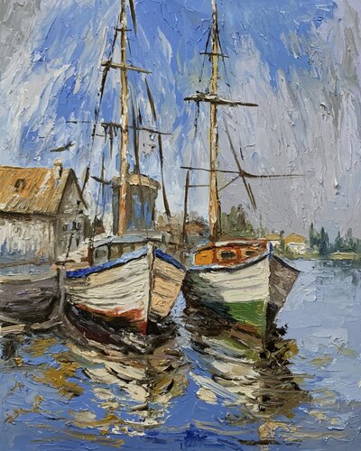 Harbor, Boats Reflection. by Vita Schagen, 絵画 for Sale on Singulart