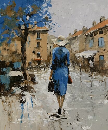Woman in Blue, Street Scene. Woman, walking away, city life. by Vita Schagen, Painting for Sale on Singulart