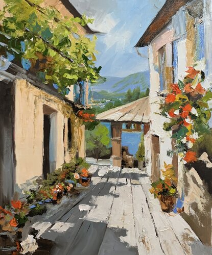 Sunlit Village, Mediterranean Courtyard. by Vita Schagen, Painting for Sale on Singulart