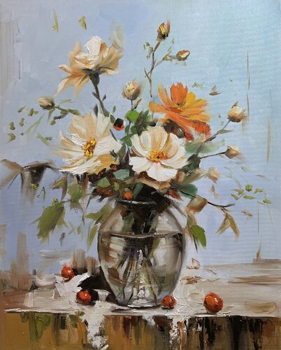 Wildflower Bouquet in Glass Vase. par Vita Schagen, Peinture en vente sur Singulart