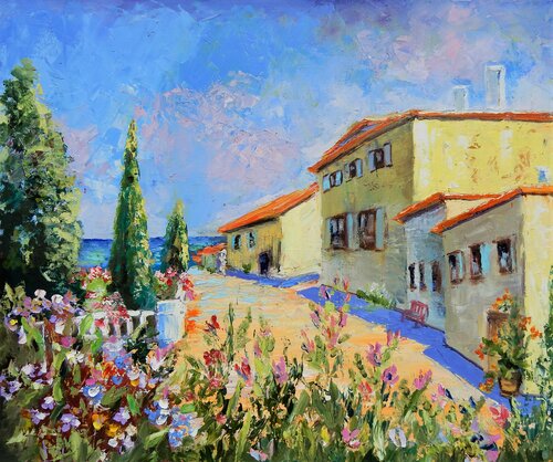 Tuscany landscape. Italian city Impasto oil painting. Palette knife, heavy textured art di Vita Schagen, Pittura in vendita su Singulart