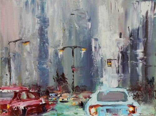 Street scene in Amsterdam. Rainy Cityscape. Pallet knife impasto art par Vita Schagen, Peinture en vente sur Singulart