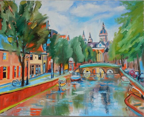 Street scene in Amsterdam. Cityscape. Plein air painting. di Vita Schagen, Pittura in vendita su Singulart