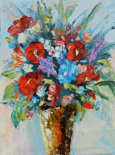Bright flowers, bouquet of flowers in a vase. Still life. di Vita Schagen, Pittura in vendita su Singulart