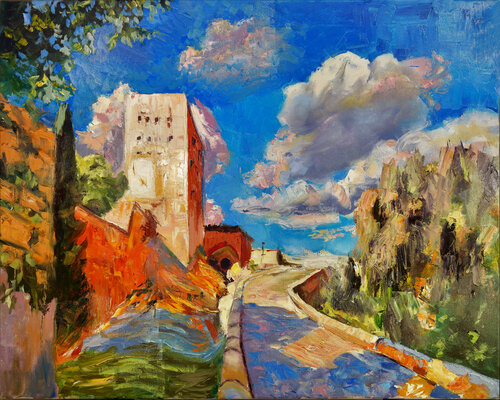 Tuscany landscape. Italian city Impasto oil painting. Palette knife, heavy textured art by Vita Schagen, Painting for Sale on Singulart